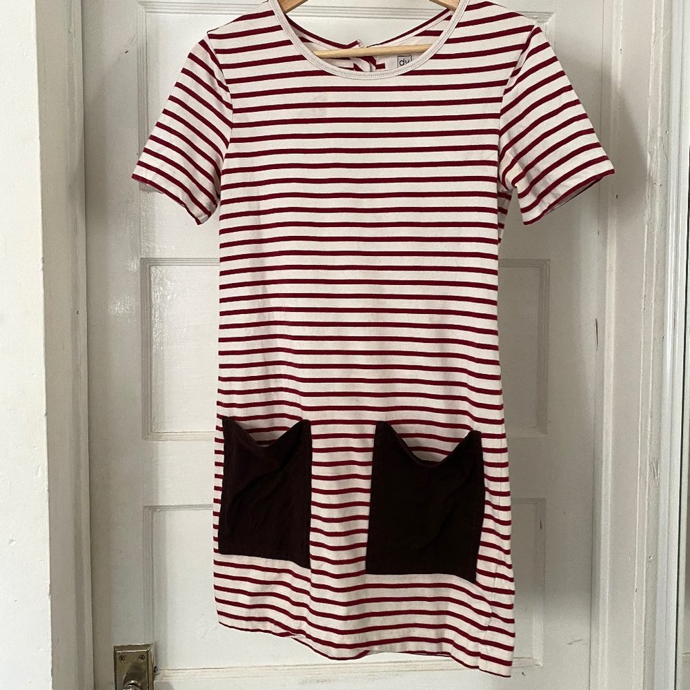 Red & White Striped Mini Dress w/ Faux Suede pockets